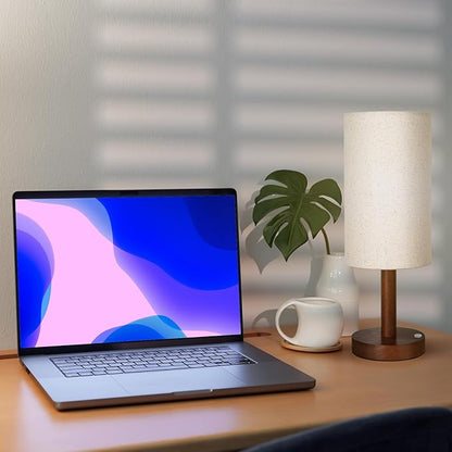 Small Table Lamp Nightstand Lamp Linen Lampshade Bedroom Wood Base Small Bedside Lamp for Night Stands, Desk Lamps for Reading Living Room, Office (LED Bulb Included) (Walnut Wood Cordless(2))