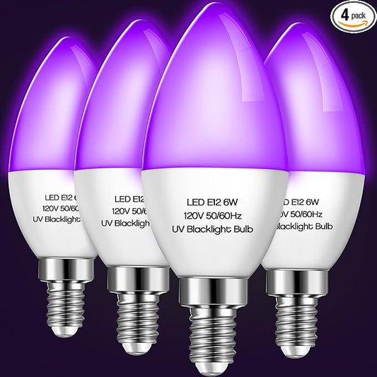 Qualirey 4 Pieces LED Black Light Bulb 6w E12 Base Blacklight Candle Bulb Glow in The Dark Party Level 395-400 Nm Halloween Black Lights for Home Stage DJ Disco, Body Paint, Neon Fluorescent Poster
