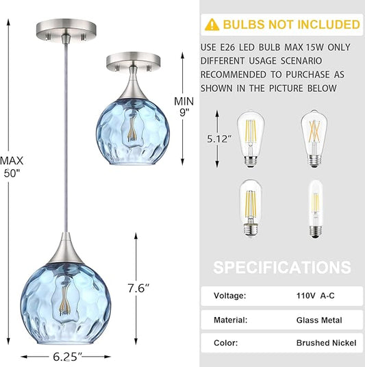 6.3" Texture Blue Glass Pendant Light 3 Pack Pendant Ceiling Light Fixture Brushed Nickel Finish Modern Farmhouse Dinning Over Sink Adjustable Height Cord