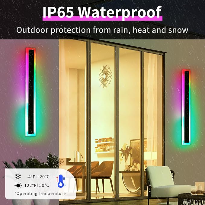 2 Pack 31.4inch Modern Outdoor Wall Lights, RGB Dimmable LED Wall Sconce Light with Remote Control, 10 Colors, 5 Modes, IP65 Waterproof Exterior Light Fixture for Porch, Patio, Garage