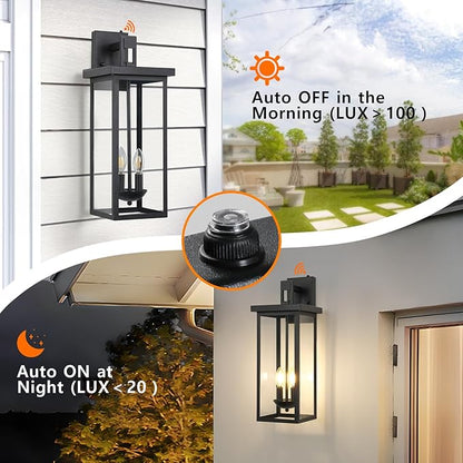 tewei 22 Inch Large Outdoor Wall Lights, Dusk to Dawn Exterior Lighting Fixtures Black Modern Porch Light Outdoor Wall Lantern Sconce Lights for House Garage with Clear Glass Shade, E12 Base, 2 Pack