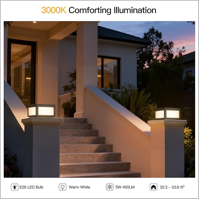 Outdoor Post Lights Hard Wired, 9.8" Pillar Lights Waterproof, AC100-240V LED Column Lamp, Electric Modern Fence Deck Cap Lantern 3000K Lighting for Patio Garden Driveways Entrances Posts