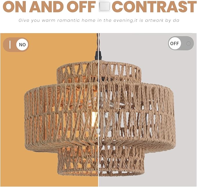 Boho Rattan Lamp Shades for Pendant Light Chandelier Floor Lamps Replacement,Rustic 3-Tier Drum Lamp Shade with Hand-Woven Rattan for Living Room Kitchen Dining Room Office Hotel.