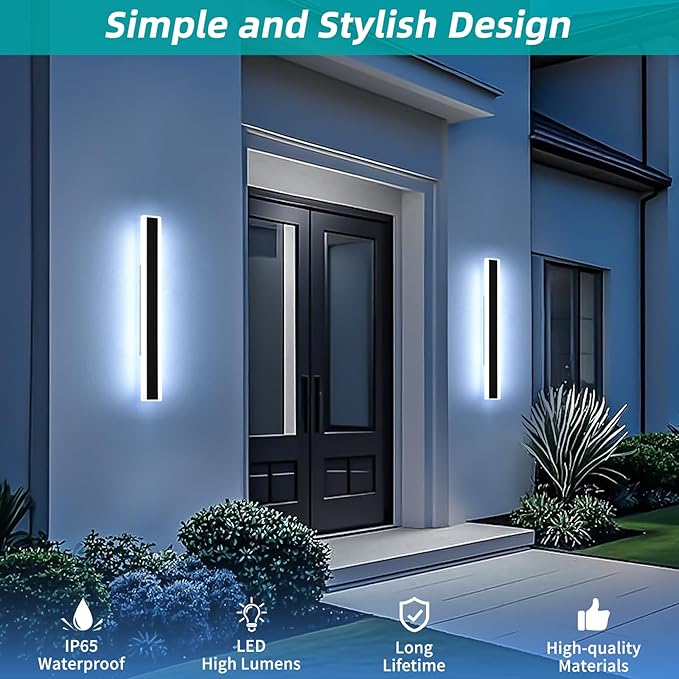 Mikeru 2Pack 23.6inch Long Led Wall Light, 6000k Cool White Modern Outdoor Wall Light Ip65 Waterproof Black Acrylic Porch Exterior Lighting Fixtures, Exterior Wall Mount Lights