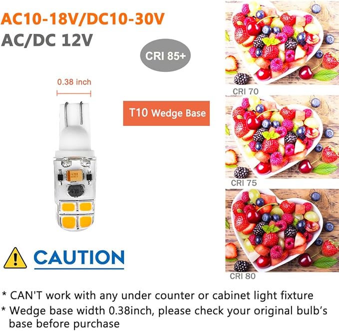 KAKEMONO T5 T10 Wedge Base 2W LED Bulb for 12V 24volt Landscape Path Light, 921 922 912 194 168 T10 Wedge RV Camper Trailer Motorhome Marine Boat Dome Light, 2700K Warm White, 10 Pack