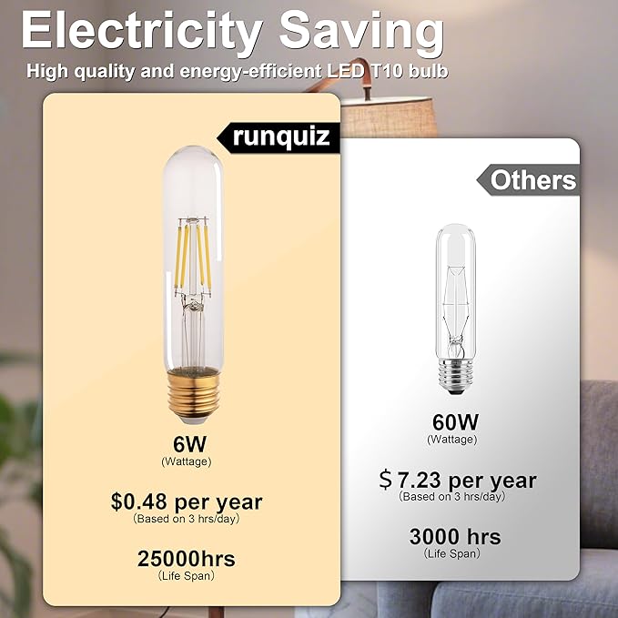 T10 Tubular Led Bulbs 60w Equivalent, Dimmable 5.25 Inch Led Tube Bulb, E26 T30 Edison Tubular Clear Light Bulbs, 5000K Cool White Long Skinny 6W 10 Pack