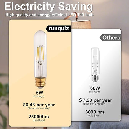 T10 Tubular Led Bulbs 60w Equivalent, Dimmable 5.25 Inch Led Tube Bulb, E26 T30 Edison Tubular Clear Light Bulbs, 5000K Cool White Long Skinny 6W 10 Pack