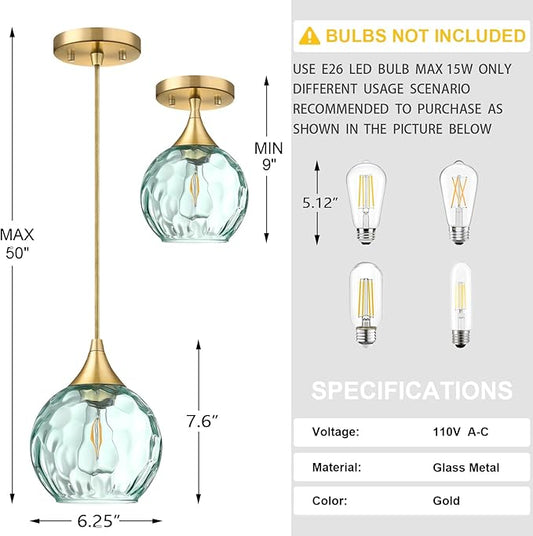 6.3" Hammer Green Glass Pendant Light 3 Pack Pendant Ceiling Light Fixtures Gold Finish Modern Farmhouse Dinning Over Sink Adjustable Height Cord