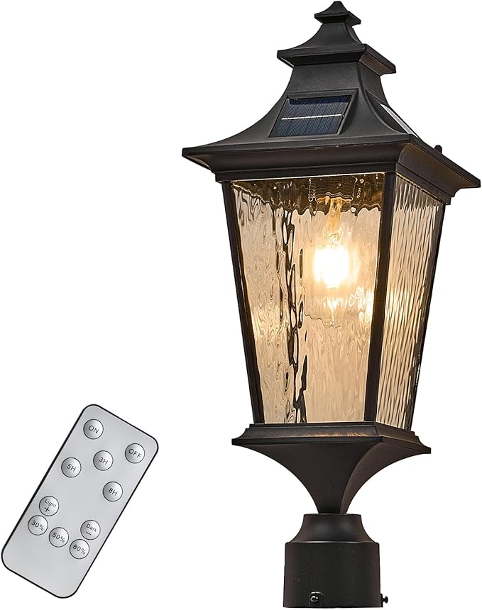 Solar Lamp Post Light Aluminum 20.7 Inch Large Size Outdoor Post Lights Hard Wired with Water Ripple Glass Black Lamp Posts Outdoor Lighting with Remote Control and LED Bulb
