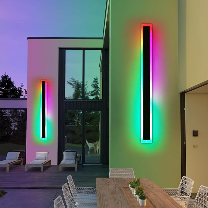 2 Pack Modern Outdoor Wall Light, 59inch RGB LED Wall Sconce, IP65 Waterproof, 10 Colors Dimmable Wall Mount Light Fixture for Fence, Garage, House, Black Aluminium, with Remote Control