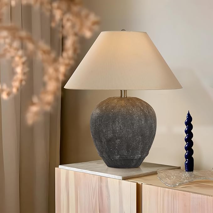 Farmhouse Ceramic Table Lamp, 21" Rustic Table Lamp with Linen Shade, 3-Way Dimmable Bedside Nightstand Lamps for Bedroom, Living Room, E26 Socket, Dark Grey