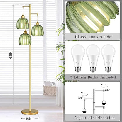 Gold Floor Lamp for Living Room,Bedroom,Mid Century Modern Standing Lamp Brass Tree 3 Light Tall Floor Lamps Vintage Retro Floor Lights Glass Green Flower Lamp Shade Farmhouse Boho Bohemian
