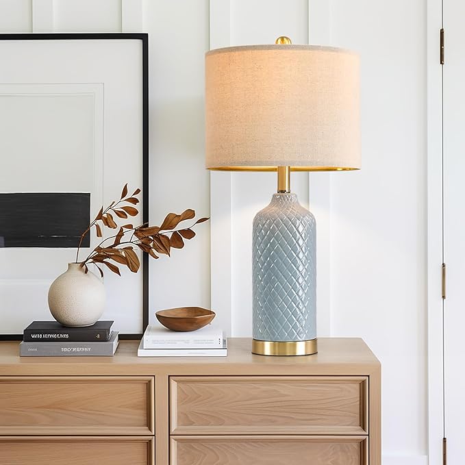 24.25" Modern Ceramic Blue Table Lamps Set of 2 for Living Room, Farmhouse, Bedside, Coastal Bedroom, Side & End Tables