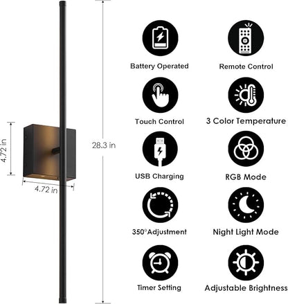 28.3 Inch 9 RGB Color Battery Operated Wireless Wall Sconces Set of Two, with Remote, Dimmable, Warm/Natural White/Daylight, Rotatable, LED Wall Light for Living Room, Bedroom, Black