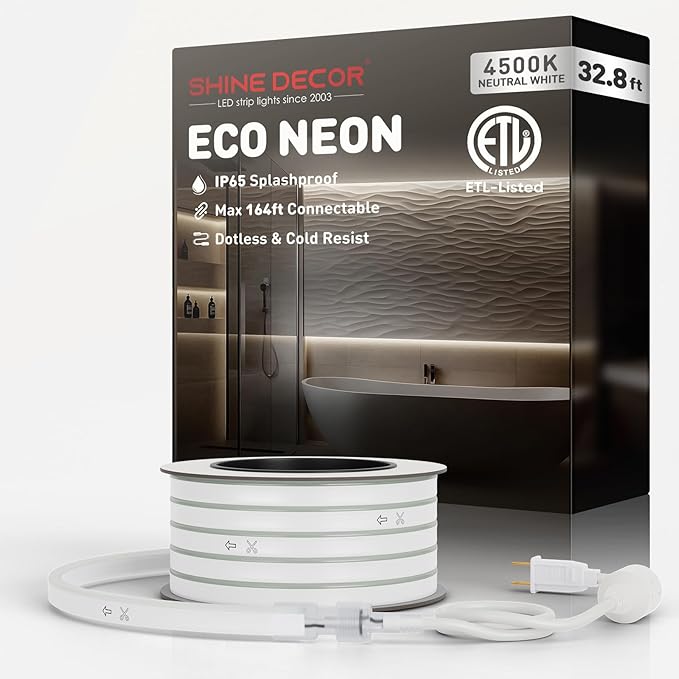 Shine Decor LED Rope Lights AC 120V, Connectable & Cuttable Dotless 120LEDs/M Eco Neon Strip Lighting, ETL IP65 Waterproof & Weather-Resistant for Home Commercial, 8x16mm, 4500K Neutral White, 32.8FT