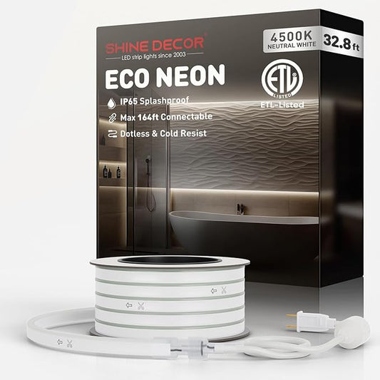 Shine Decor LED Rope Lights AC 120V, Connectable & Cuttable Dotless 120LEDs/M Eco Neon Strip Lighting, ETL IP65 Waterproof & Weather-Resistant for Home Commercial, 8x16mm, 4500K Neutral White, 32.8FT