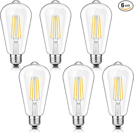 Svater Vintage LED Edison Bulbs 60W Equivalent, 6W ST58 Warm White 2700K Antique LED Filament Bulbs with E26 Medium Base, Clear Glass Style for Table Lamps, Wall Sconces,Dimmable 6 Packs