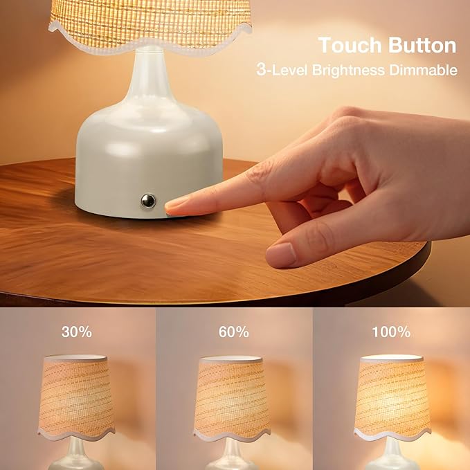 Cordless Boho Table Lamp Beige, Wicker Shade, 5200-mAh Rechargeable Battery, 3-Way Dimmable, Build-in Integrated LED 320 Lumen Max, for Bedside Living Room