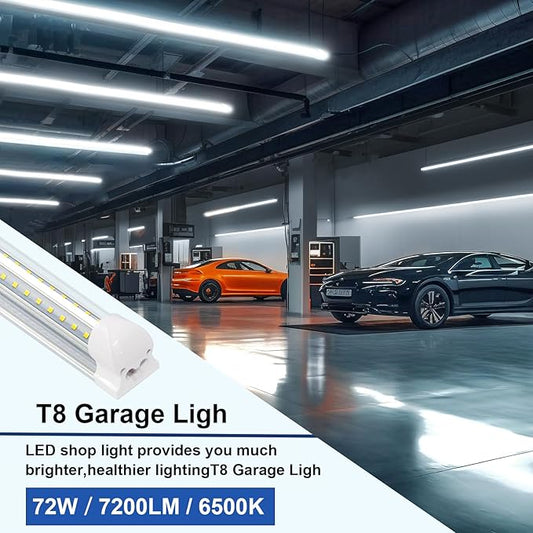 10 Pack LED Shop Light,8FT 72W 7200LM 6500K,T8 Light Fixtrue Daylight White,V Shape,High Output Clear Cover,Integrated,8 LED Linkable,Shop Lights for Garage 8 Foot with Plug.