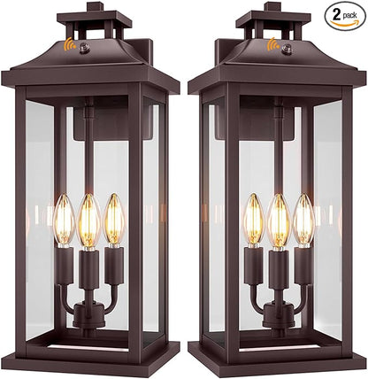 Oil Rubbed Bronze Dusk to Dawn Outside Lights 3-Light, 20" 2 Pack Porch Wall Mount Light Fixtures Large Brown Photocell Sensor Outdoor Wall Lanterns, Vintage Exterior Sconce Lamps E12