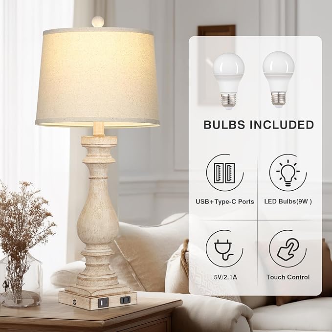 29" Farmhouse Table Lamp for Living Room Set of 2,Vintage Bedside Lamps with USB C+A Ports & AC Outlet,3-Way Dimmable Touch Control White Washed Finish Nightstand Lamp for Bedroom,Beige