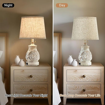 19.5'' Farmhouse Table Lamps for Bedrooms Set of 2 Vintage Bedside Lamps for Nightstand with USB Charging Ports Traditional Rusic Side Table Lamps for Living Room Wooden Carved Floral, Pull Chain