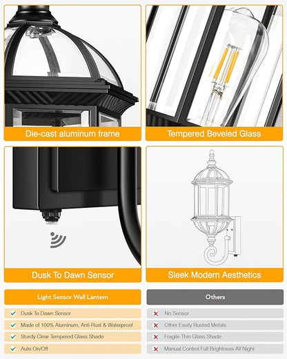 VIANIS 22" Large Porch Lights Outdoor, Black Dusk to Dawn Outdoor Lighting, Anti-Rust Exterior Lighting fixtures with Tempered Beveled Glass, Outdoor Lights for House, Patio, Two Mounting Options