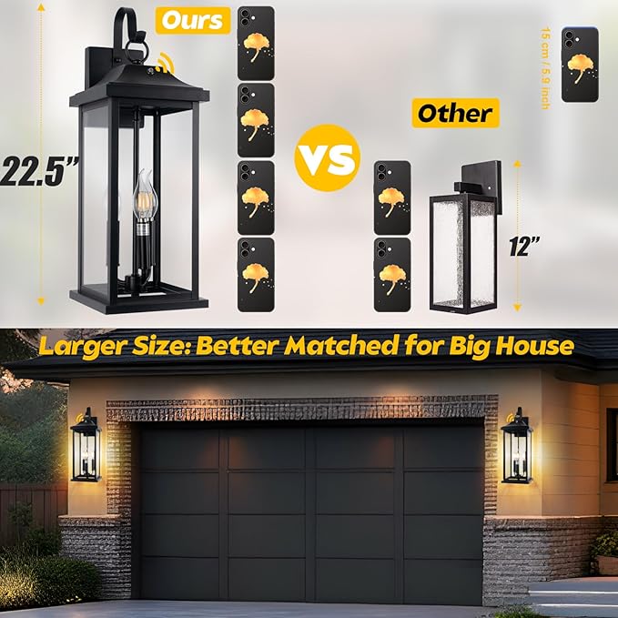 23” Dusk to Dawn Outdoor Lighting Extra Large 1 Pack, 3-Light Candelabra Front Porch Light with Photocell Sensor Outside Wall Sconce Modern Exterior Lighting Fixture Carriage Light, E12