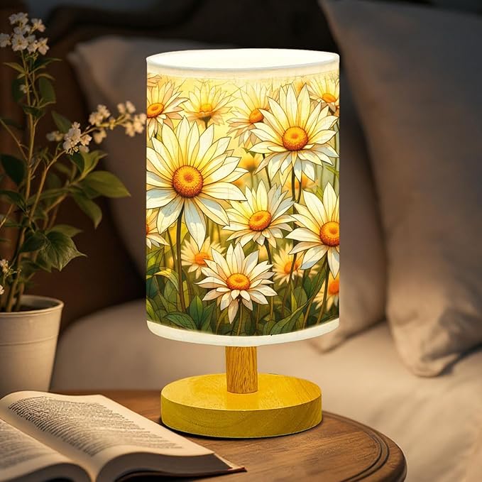 Daisy Table Lamp LED 3-Color Pressed Bedside, Daisy Shade Lamp with Wood Base for Bedroom Living Room Desk Office
