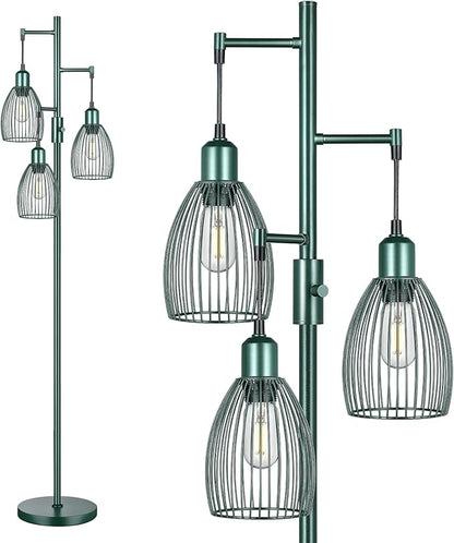 Dimmable Industrial Floor Lamps for Living Room, Green Tree Standing Tall Lamps with 3 Elegant Teardrop Cage Head & 800 Lumens LED Bulbs for Bedroom Office