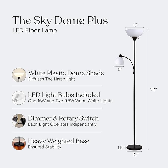 Brightech Sky Dome Plus LED Floor lamp, Torchiere Super Bright Floor Lamp with Reading Lamp for Living Rooms & Offices - Dimmable Tall Standing Lamp for Bedroom Reading - Black