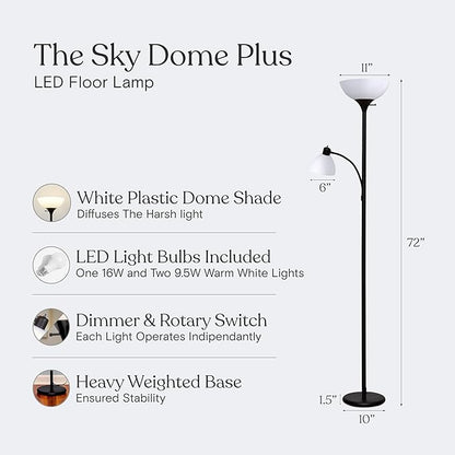 Brightech Sky Dome Plus LED Floor lamp, Torchiere Super Bright Floor Lamp with Reading Lamp for Living Rooms & Offices - Dimmable Tall Standing Lamp for Bedroom Reading - Black