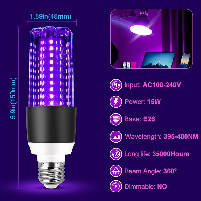 LED Black Light Bulb 15W UV Blacklight 100W Replacement 120V E26 Base, UVA Level 395-400nm Glow in The Dark for Body Pain, Blacklights Party, Halloween Decoration，2 Pack