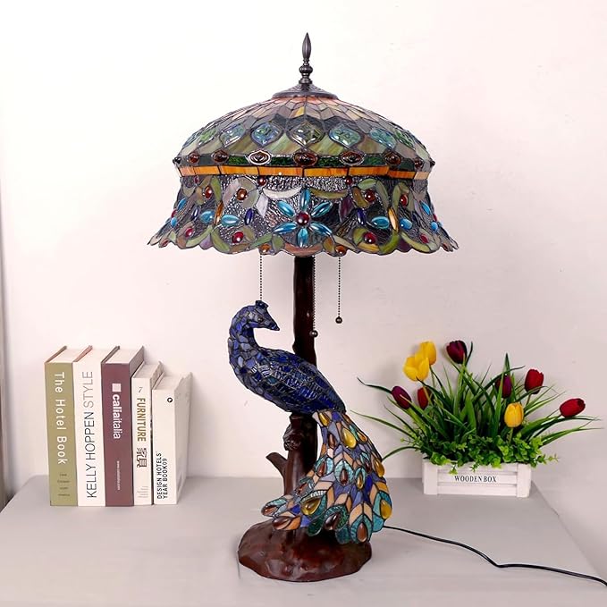 Large Tiffany Table Lamp 18" Wide Handmade Stained Glass Lamp Shade 3 Light Peacock Style Vintage Desk Light for Living Room Bedroom Bedside Reading Light,Hat