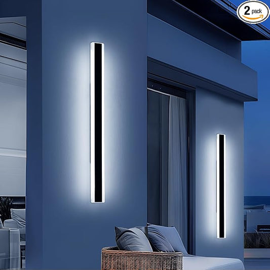 2 Pack Long Outdoor Wall Light Fixture, 47.2inch Porch Modern Wall Lighting, 6000K Cold White, IP65 Waterproof, White Acrylic, 42W, Black Strip Exterior Sconce for House, Garage, Garden, Fence