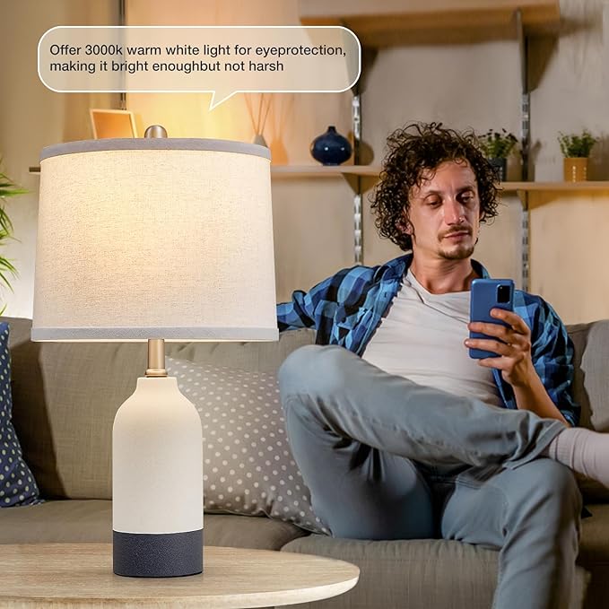 Modern Ceramic Table Lamp Set of 2, Adjustable Color Temperature Bedside Lamps for Night Stands with Fabric Drum Shade, Nightstand Lamps for Bedroom, Living Room, Desk, Includes 2 Bulbs (21.4")
