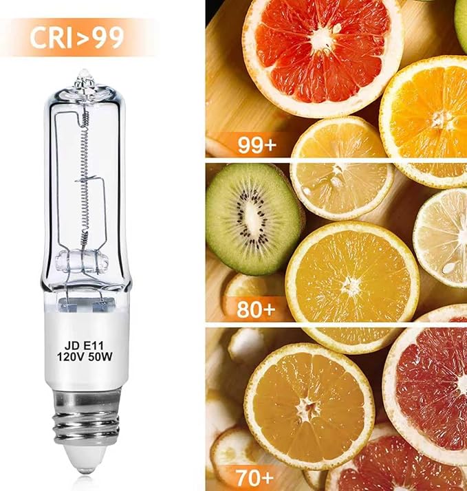 4-Pack JDE11 120V 50W Halogen Bulbs, E11 Mini Candelabra Base T4 Light Bulb, 600LM 2700K Warm White Dimmable for Ceiling Fan, Chandeliers, Pendant Lights and Accent Fixtures