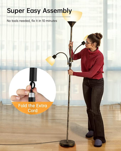 Floor Lamp, Standing Lamp, 71" Tall Lamps for Living Room, 3 Way Switch, Plastic Lampshade, Torchiere Tree Lamp with Reading Light, Modern Pole Lamps for Bedroom E26 Base(No Bulb, Rustic Bronze)