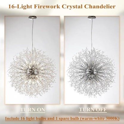 Dandelion Crystal Chandeliers, 16-Light Large Chrome Fireworks Modern Crystal Chandelier, 80W Sputnik Pendant Light Fixtures for Living Room Bedroom Entryway