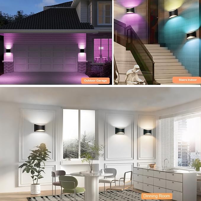 Smart RGB and Double White Outdoor Wall Sconces, WiFi Modern Wall Lights with App & Voice Control, Music Sync, IP65 Waterproof Up Down Lights for Indoor or Outdoor Porch Patio Garage
