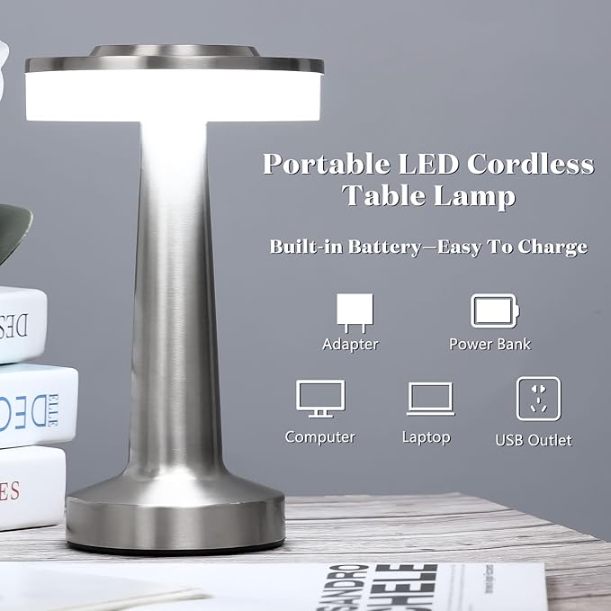 VIHOSE Cordless Table Lamps LED Portable Rechargeable Table Lamp with Touch Sensor 3 Color Dimming up to 15 Hours Battery Desk Light for Restaurant Nursery Living Room(Silver,8 Pcs)