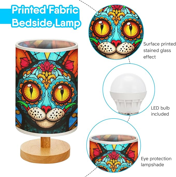 Cat Sugar Skull Table Lamp LED 3-Color Pressed Bedside, Cat Sugar Skull Shade Lamp with Wood Base for Bedroom Living Room Desk Office TL01