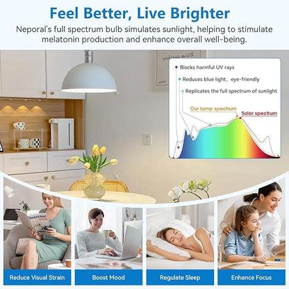 Neporal Full Spectrum Light Bulb, 6000K UV-Free Daylight Sunlight Light Bulbs, 9W (60W Equivalent) LED CRI 90, Flicker-Free, 30,000 Hrs Lifespan, E26/E27 Natural Light Bulb for Home & Office - 6PK
