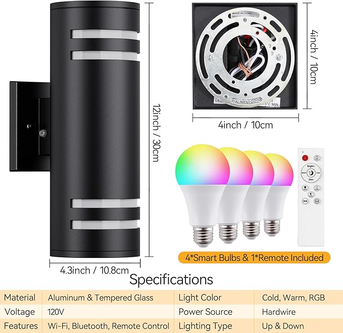 Smart Outdoor Wall Lights 2 Pack, Cylinder Black Exterior Lighting Fixtures Dusk to Dawn Outdoor Lighting, Aluminum Color Changing Porch Lights, Ambiance Sconce Control with App and Voice