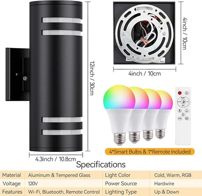 Smart Outdoor Wall Lights 2 Pack, Cylinder Black Exterior Lighting Fixtures Dusk to Dawn Outdoor Lighting, Aluminum Color Changing Porch Lights, Ambiance Sconce Control with App and Voice