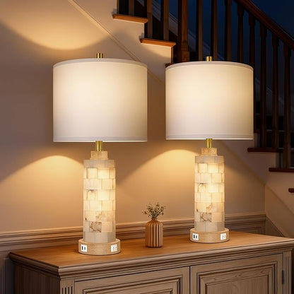 27" Natural Alabaster And Wood Table Lamp Set of 2 With Night Light Nightstand Lamps With USB Ports White Linen Fabric Shade Bedside Lamp Decor For Living Room Bedroom Home Office Hotel Bar House