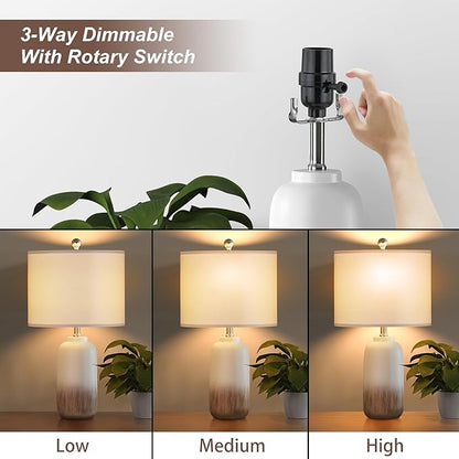 24" Ceramic Table Lamps Set of 2 for Living Room, Modern Brown Bedside Lamps for Night Stands, 3 Way Dimmable Farmhouse End Table Lamp with White Shade for Bedroom