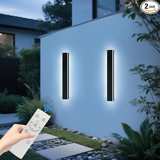 Upgrade Widened 2 Pack Long Modern Outdoor Wall Light, 31.4inch Dimmable 3000K-6000K LED Porch Wall Sconce, IP65 Waterproof, Outside Lighting Fixture for House, Yard, Fence with Remote Control