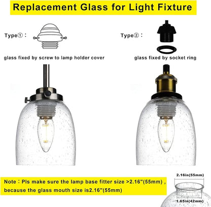 4 Pack Clear Seeded Glass Replacement Shades Covers for Ceiling Fan Light Fixtures Pendant Lighting Chandelier Vanity Light Kitchen Island Light, 2-1/8" Fitter, 5.47" High, 4.76" Diameter