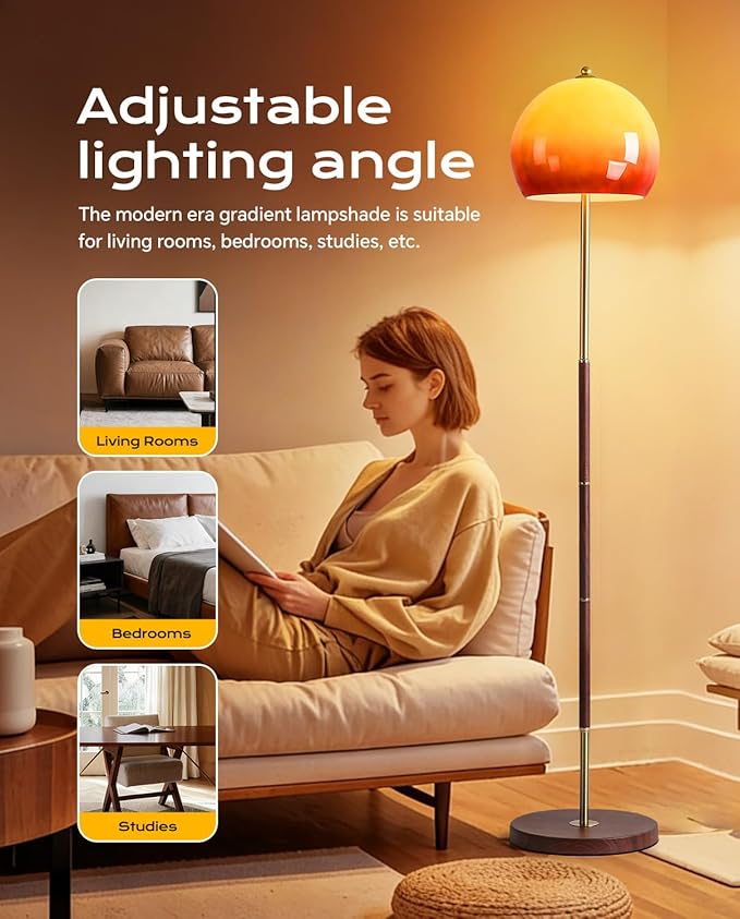 Orange Mushroom Floor Lamp, Vintage Floor Lamp with Gradient Glass Shade & Walnut Color Finish - Mid Century Modern Brushed Gold Standing Lamp for Living Room, Bedroom, Office
